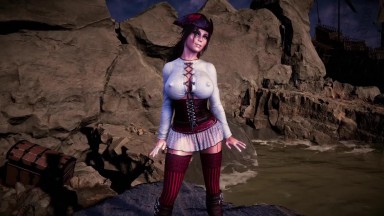 Pirate queen Lara Croft seductively dances on the coast before storm