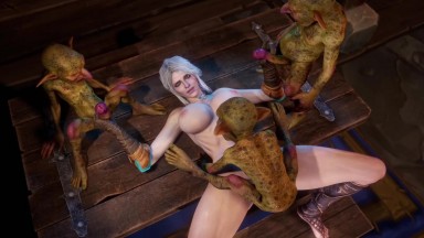 Lustful barmaid Ciri serves three big goblin cocks for gold and fun